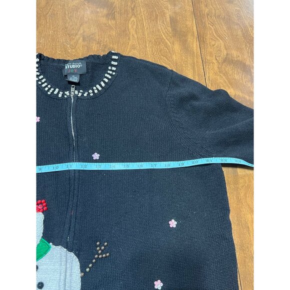 Design Originals Joy Sequin Beaded Snowman Full Zip Black Sweater Cardigan XL - Picture 8 of 11